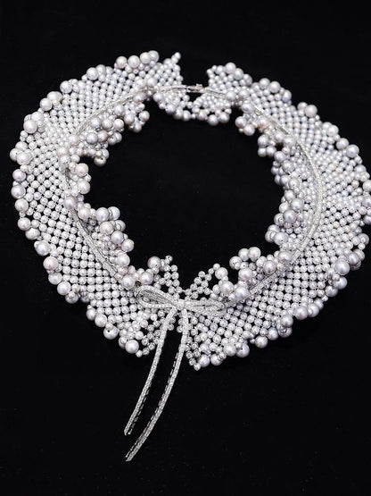 Luckacco Fine Jewelry Luxury 925 Silver Bowknot White Gray Natural Freshwater Pearl Collar Wide Necklace Vintage Women