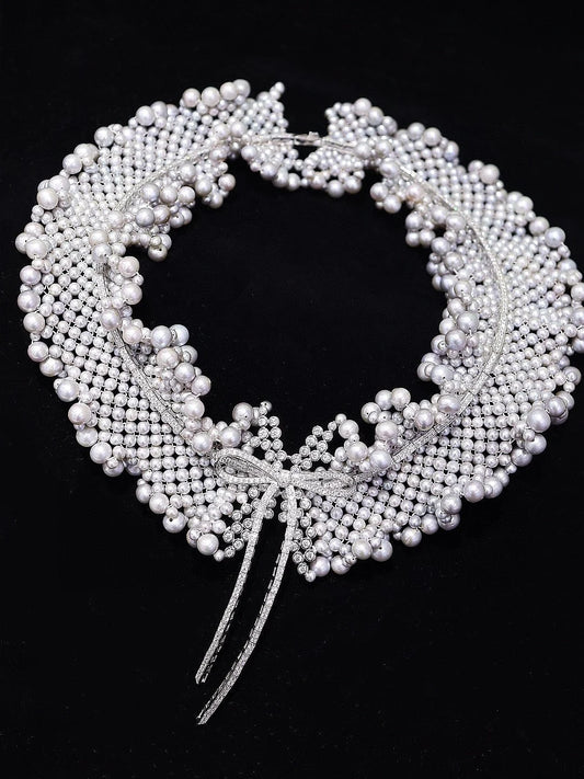 Luckacco Fine Jewelry Luxury 925 Silver Bowknot White Gray Natural Freshwater Pearl Collar Wide Necklace Vintage Women