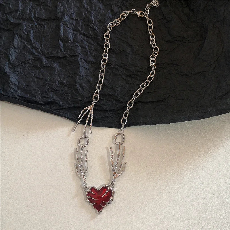 luckacco gothic vintage y2k red glass heart star cross pendant pearl bead necklace for women men aesthetic 90s grunge accessories jewelry