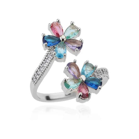 Luckacco 2025 Fashion Colorful Zircon Flower Rings For Women Gold Color Stainless Steel Finger Ring Trend Luxury Boho Aesthetic Jewelry