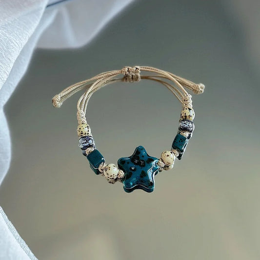 Luckacco Kaseakia Handmade Vintage Ceramic Stone Beads Wax Cord Adjustable Beaded Bracelets Bohemian Boho Jewelry for Women