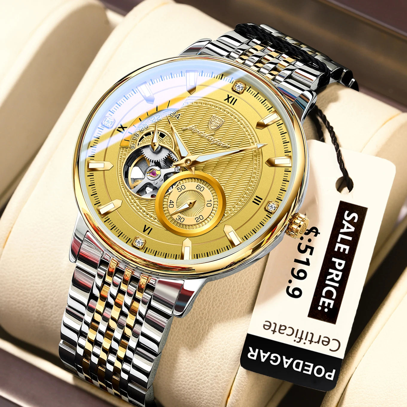 luckacco poedagar luxury man wristwatch top automatic mechanical luminous men watch hollow tourbillon stainless steel men's watches reloj