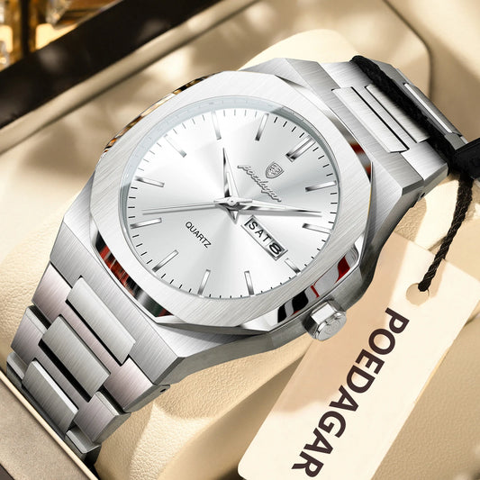 Luckacco POEDAGAR Fashion Brand Male Watch Waterproof Luminous Stainless Steel Watches For Men Date Week Casual Quartz Men's Clock Reloj