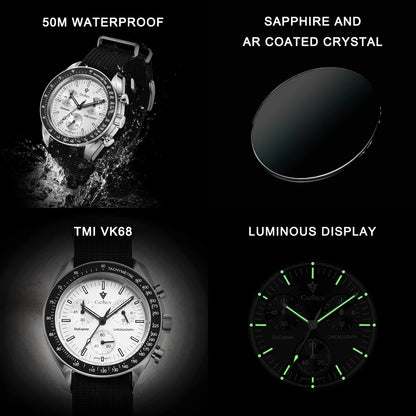 Luckacco CADISEN New Men's Watches Luxury Quartz Wrist Watch For Men Sapphire AR Coated Crystal Canvas VK68 Speed Chronograph Automatic