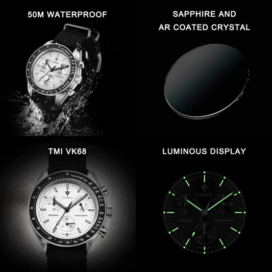 Luckacco CADISEN New Men's Watches Luxury Quartz Wrist Watch For Men Sapphire AR Coated Crystal Canvas VK68 Speed Chronograph Automatic