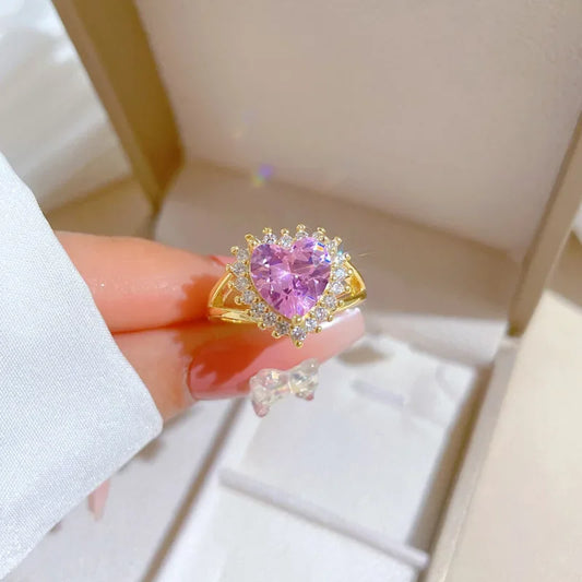 Luckacco High Quality Pink Heart Crystal Adjustable Rings for Women Charm Gold Color Stainless Steel Wedding Bride Jewelry Gift Colorfast