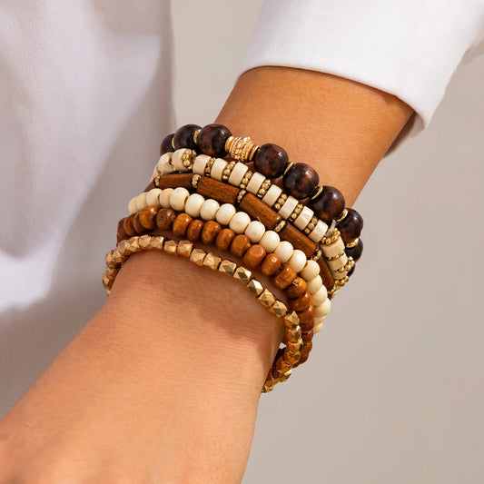 Luckacco Salircon 6Pcs/Set Boho Vintage Geometric Wooden Beads Chain Bracelet Set for Women Men Retro Ethnic Elastic Bracelet Jewelry