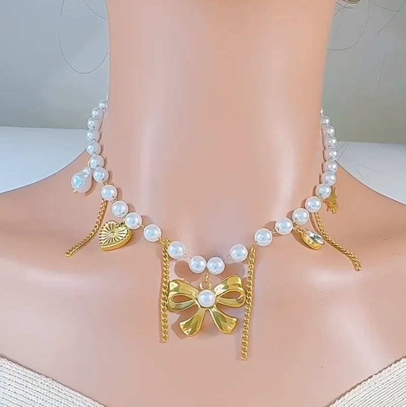luckacco stainless steel handmade pearl chain bowknot pendant necklace for women new trend tassel choker jewelry gift birthday party