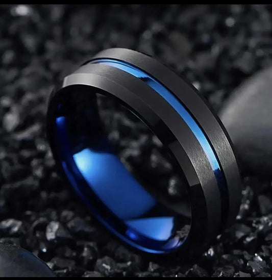 Luckacco Fashion 8mm Black Tungsten Wedding Celtic Dragon Rings Inlaid Blue Zircon Stainless Steel Rings for Men Blue Carbon Fibre Ring