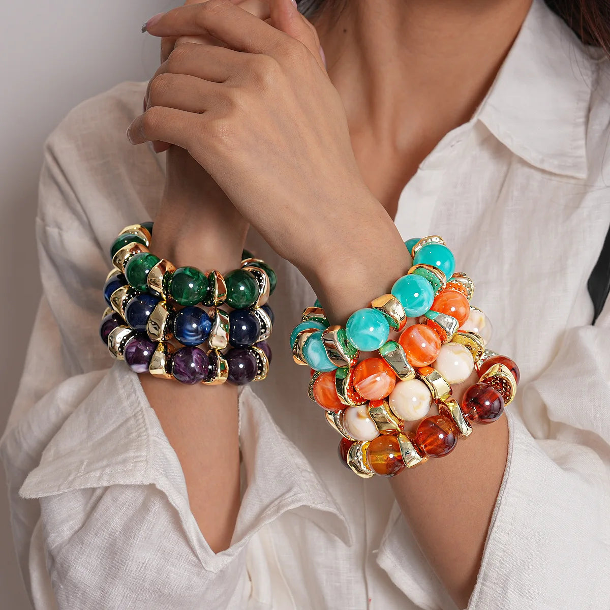 luckacco 7 styles trendy splicing acrylic round beads bracelets bohemian thick irregular resin elastic bangles retro jewelry for women f