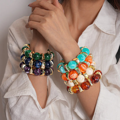 Luckacco 7 Styles Trendy Splicing Acrylic Round Beads Bracelets Bohemian Thick Irregular Resin Elastic Bangles Retro Jewelry for Women F