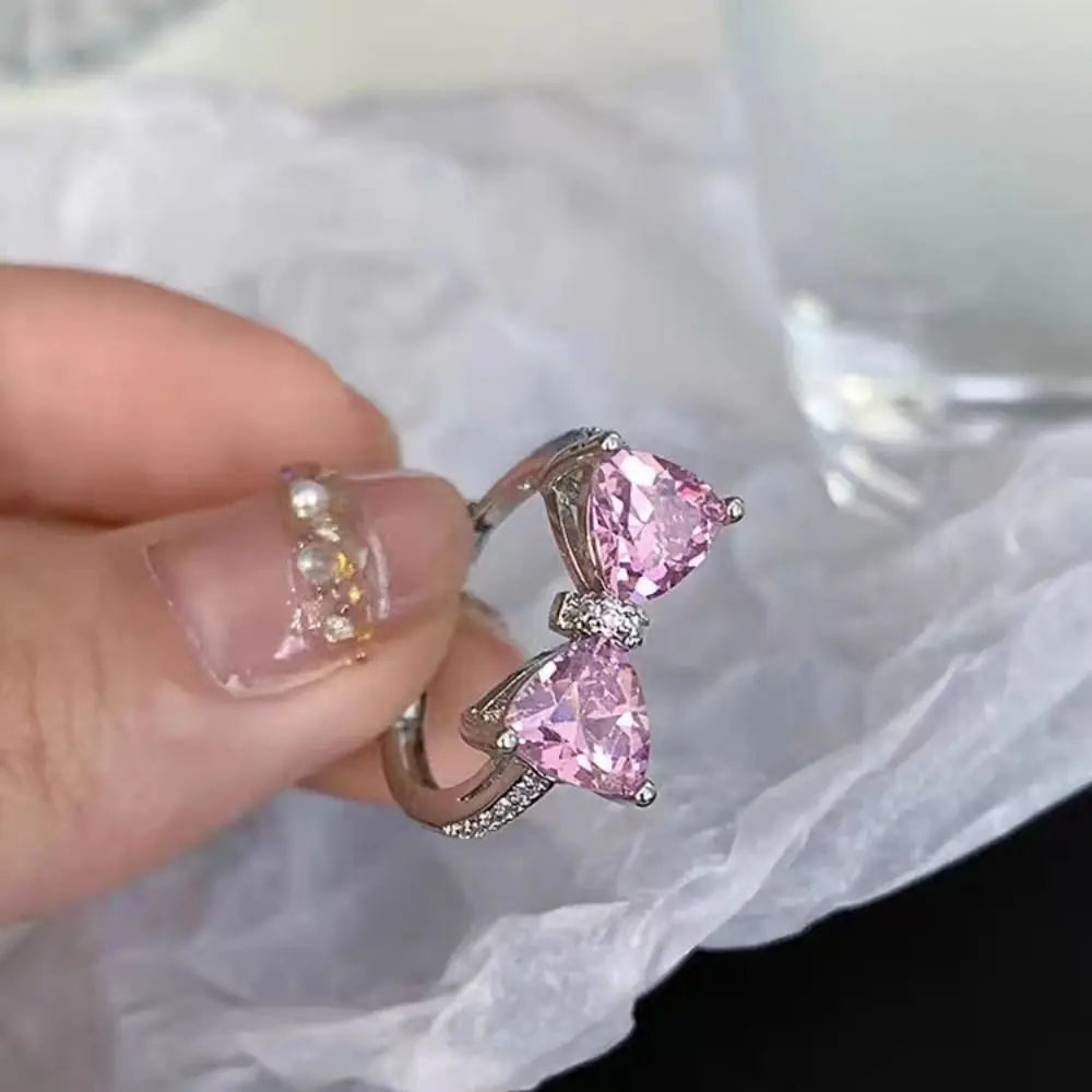 luckacco fashion pink bowknot finger ring exquisite sweet bow-tie ring bowknot adjustable bowknot opening ring weeding