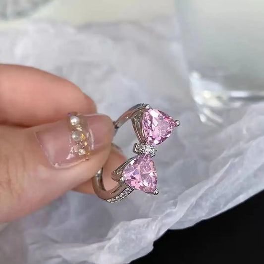 Luckacco Fashion Pink Bowknot Finger Ring Exquisite Sweet Bow-tie Ring Bowknot Adjustable Bowknot Opening Ring Weeding