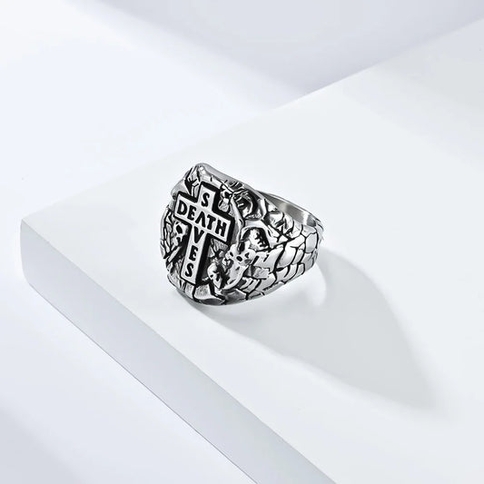 Luckacco Vintage Exorcism Saint Benedict Cspb Cross Ring Men Punk Amulet Christianity Rings Stainless Steel Jewelry Gift