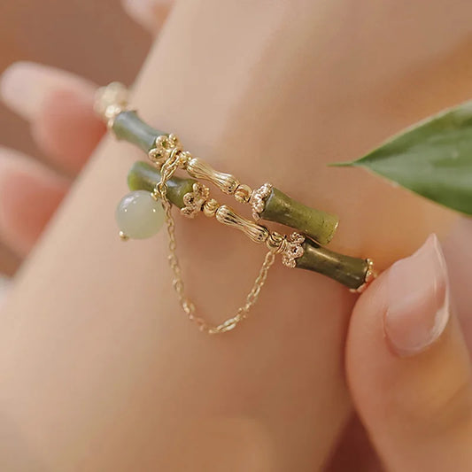 Luckacco Handmade Green Bamboo Joint Beaded Bracelet for Women Leaves Tassel Flower Bracelets Bangles Girls Party Charm Jewelry Gifts