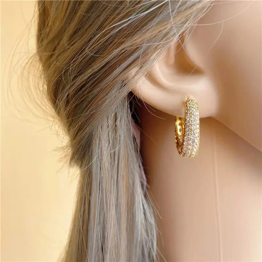 Luckacco daily picks Hollow Gold Color Hoop Earrings for Women Paved Dazzling CZ Stone Luxury Trendy Female Circle Earrings Statement Jewelry