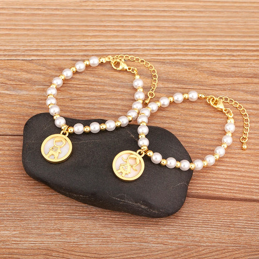 Luckacco Nidin High Quality Round Shape Girl Boy Pearl Beads Zircon Hand Bracelets For Female Son Daughter Cute Jewelry Mother's Day Gift