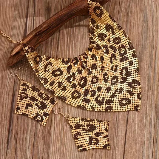 Luckacco Exaggerated Leopard Print Triangle Scarf Shaped Necklace Diamond Drop Earrings For Women Fashion Party 2PCS Jewelry Set