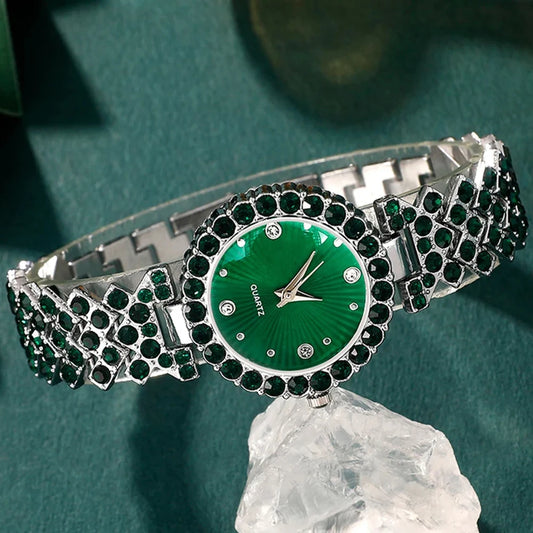 Luckacco Women Fashion Watches Heart Rhinestone Ring Necklace Earring Jewelry Set Luxury Dress Quartz WristWatch Simple Elegant Watch Gif