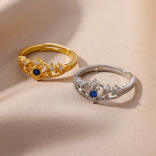 Luckacco Blue Zircon Crown Rings For Women Stainless Steel Adjustable Crown Ring 2023 Trend Design Female Wedding Jewerly