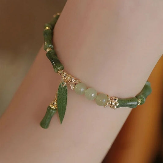 Luckacco Handmade Green Bamboo Joint Beaded Bracelet for Women Leaves Tassel Flower Bracelets Bangles Girls Party Charm Jewelry Gifts