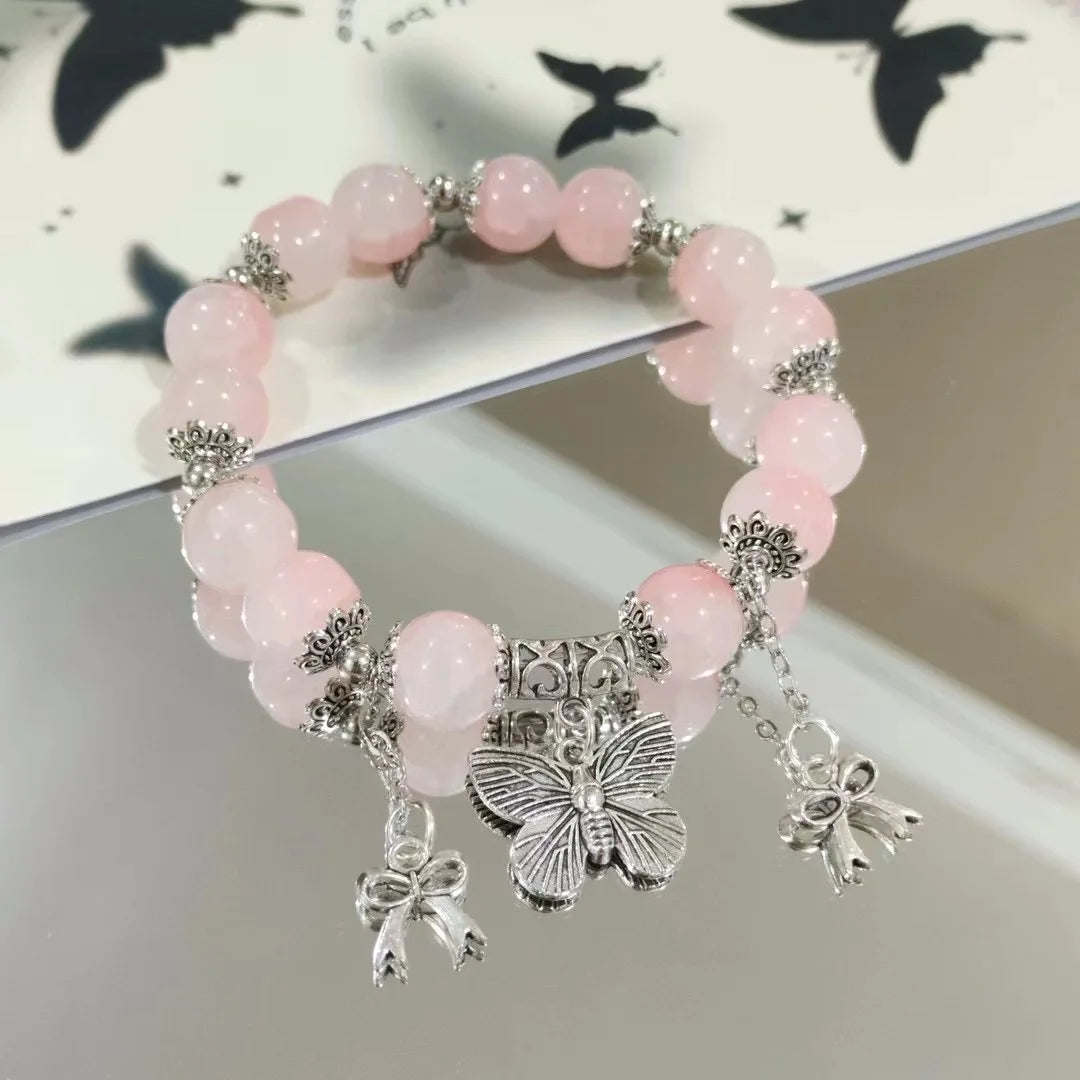 luckacco new fashion y2k sweet cherry blossom bracelet for women exquisite elegant flower crystal beaded bracelet girl party jewelry gift