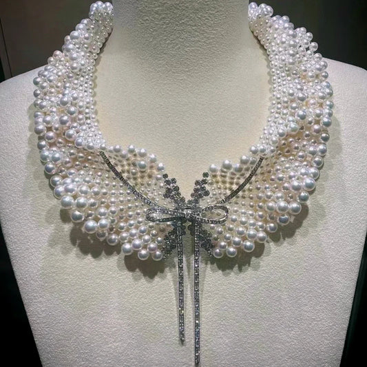 Luckacco Fine Jewelry Luxury 925 Silver Bowknot White Gray Natural Freshwater Pearl Collar Wide Necklace Vintage Women