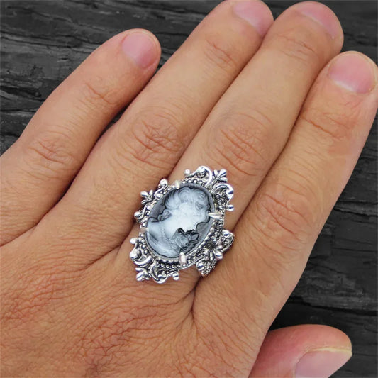 Luckacco Vintage 6 Colors Lady Queen Cameo Rings For Women Antique Silver Plated Flower Plant Pink Cameo Ring Fashion Jewelry