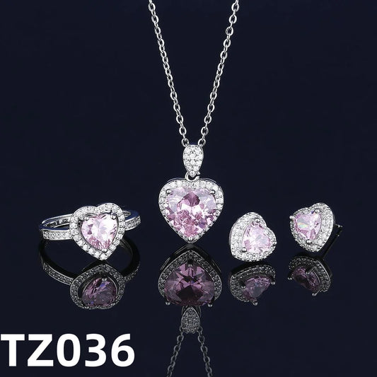 Luckacco 925 Sterling Silver Jewelry Set Heart Shape Pink Crystal Zircon Necklace Earrings Ring Women's Elegant Jewelry