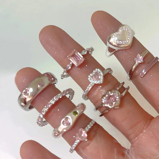 Luckacco Pink Crystal Irregular Heart Rings Creative Zircon Bowknot Opal Love Heart Open Ring Y2K Shiny Rings for Women Party Jewelry