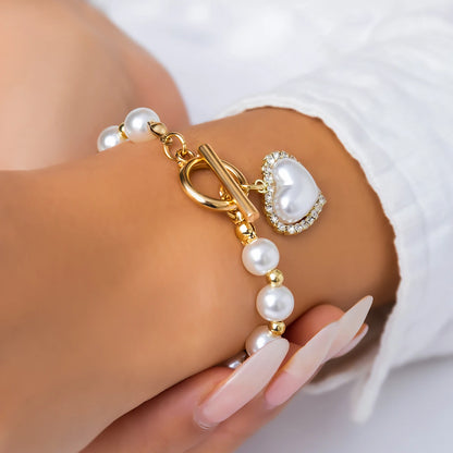 Luckacco Vintage Imitation Pearl Heart OT Buckle Pendant Bracelet for Women Wed Bridal Bead Chain Bangles Couple Hand Jewelry New
