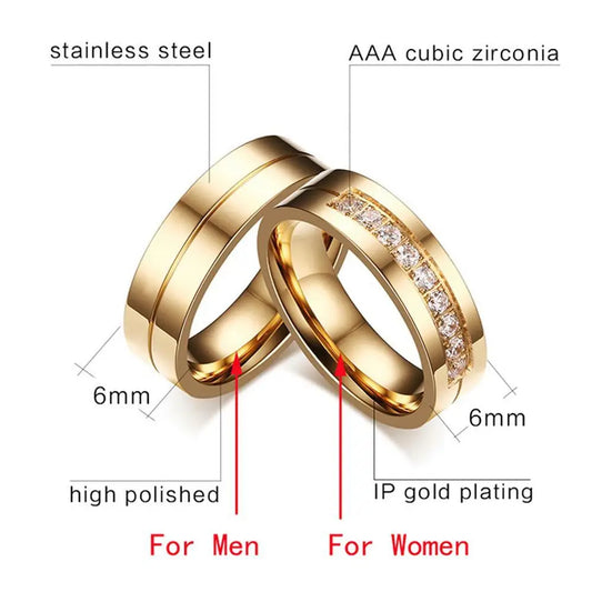 Luckacco Fashion Women Men Couples AAA CZ Stainless Steel 18K Gold Plated Cubic Zirconia Wedding Band Ring 1pc