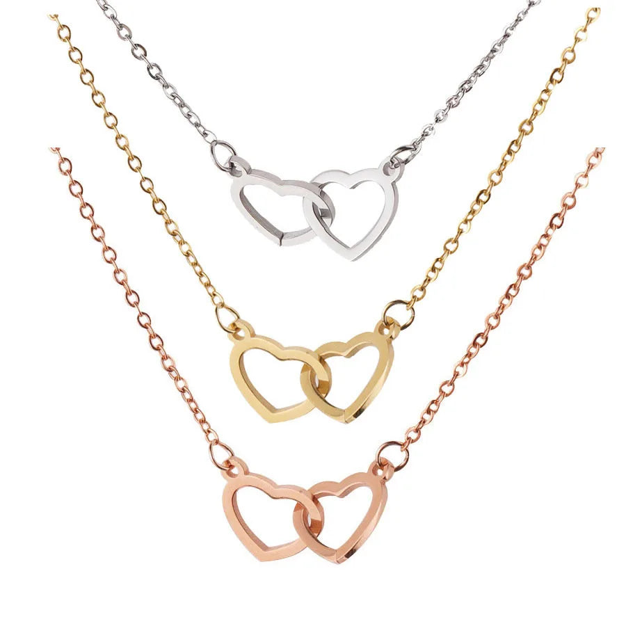 luckacco 10pcs interlocking double hearts charm connector pendant mirror polished stainless steel heart charms 12*20mm necklace wholesale