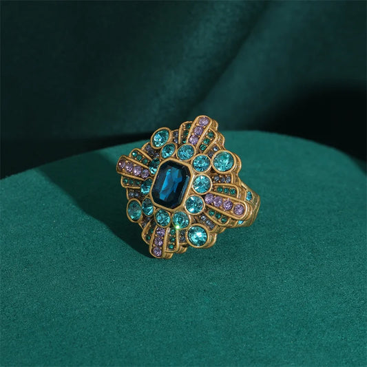 Luckacco Vintage Wedding Rings for Women Round Blue Natural Oval Green Crystal Horse Eye Shape Glass Retro Pattern Gold Color Jewelry