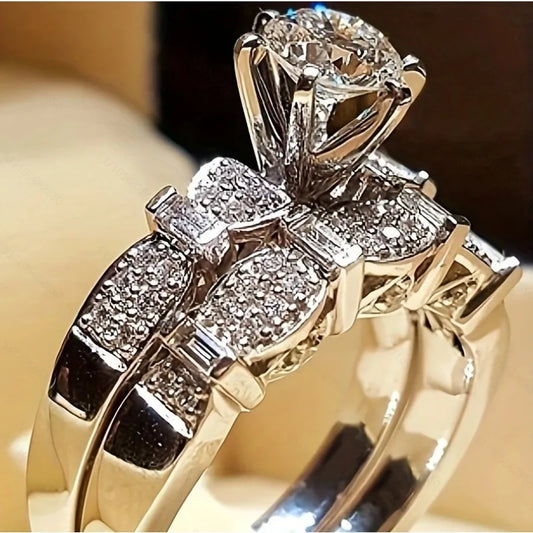 Luckacco Gorgeous Silver Color Inlaid with White Stone Rings Set Fashion Round Party Engagement Wedding Rings for Women Jewelry