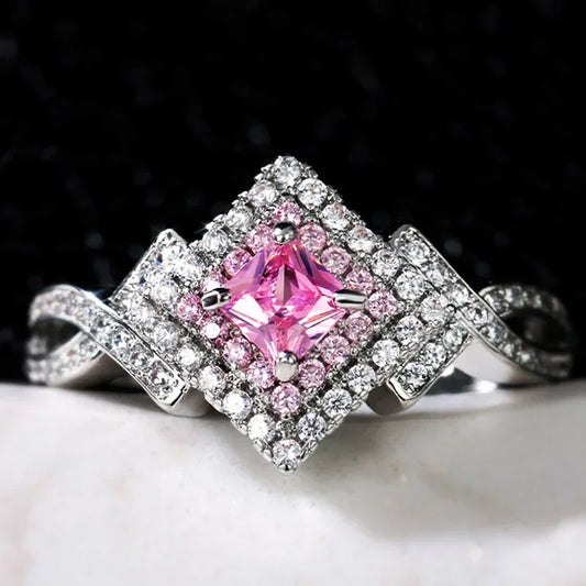 Luckacco Style Pink Sparkling Zircon Princess Square Engagement Ring for Ladies and Girlfriends Luxury Proposal  Gift Fashion Jewelry