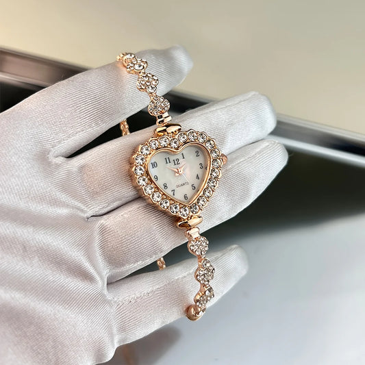 Luckacco Women's Heart Rhinestone Watch with Sparkling Dial & Golden-Tone Alloy Band - Compact Quartz Wristwatch for Everyday Elegance