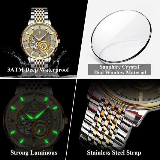 Luckacco POEDAGAR Luxury Man Wristwatch Top Automatic Mechanical Luminous Men Watch Hollow Tourbillon Stainless Steel Men's Watches Reloj