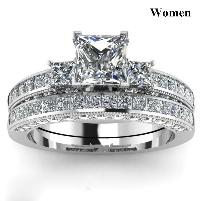 luckacco fashion couple rings romantic white rhinestones cz women rings set simpe men's stainless steel rings for couple wedding jewelry
