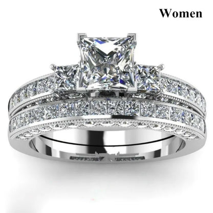 Luckacco Fashion Couple Rings Romantic White Rhinestones CZ Women Rings Set Simpe Men's Stainless Steel Rings For Couple Wedding Jewelry