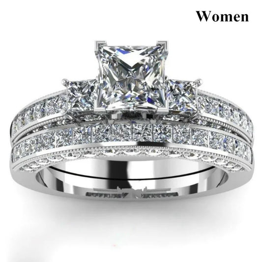 Luckacco Fashion Couple Rings Romantic White Rhinestones CZ Women Rings Set Simpe Men's Stainless Steel Rings For Couple Wedding Jewelry