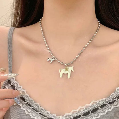 Luckacco Funny Silver Color copper Beads Horse Pendant Necklace Black Choker Necklace Pink White Enamel Pendant Necklace for Women