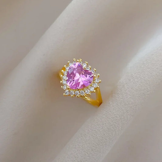 Luckacco High Quality Pink Heart Crystal Adjustable Rings for Women Charm Gold Color Stainless Steel Wedding Bride Jewelry Gift Colorfast