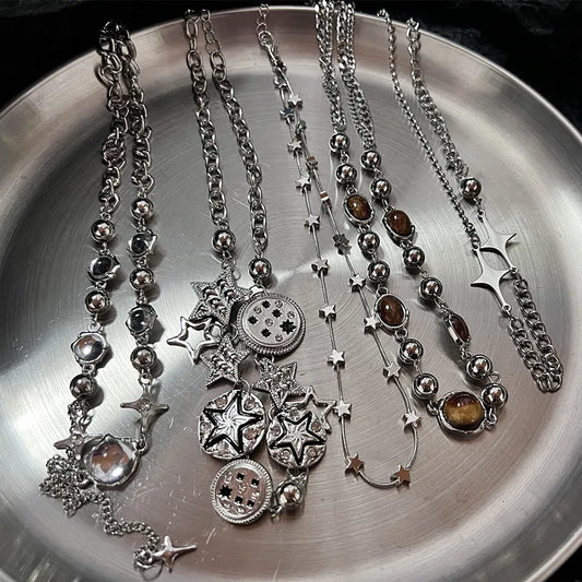 Luckacco Punk Retro Button Star Pendant Necklace Trendy Delicate Silver Color Unisex Choker Personalised Luxury Jewelry for Women