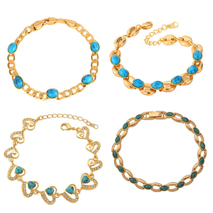 Luckacco U7 Gold Color Oval Horse Eyes Round Blue Turquoise Stone Beaded Chain Bracelets for Women Boho Jewelry Gift for Her QC