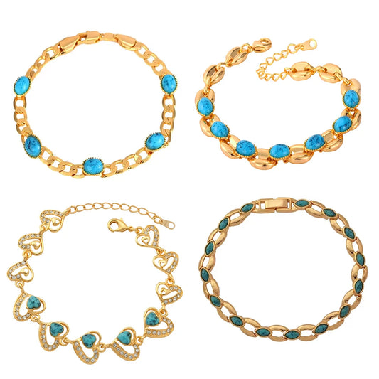 Luckacco U7 Gold Color Oval Horse Eyes Round Blue Turquoise Stone Beaded Chain Bracelets for Women Boho Jewelry Gift for Her QC