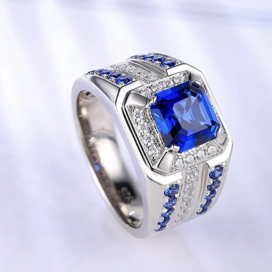 Luckacco Hot Selling Silver Plated Alloy Mosaic blue square zircon Rings For Men Jewelry Birthday Party Ring  Size 7-13