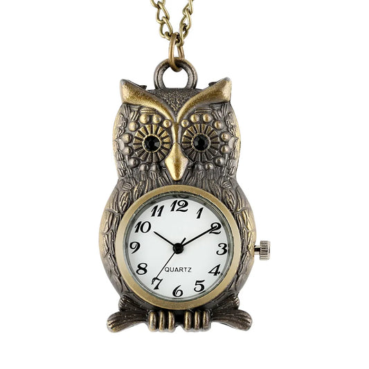 Luckacco Tiny Cute Owl Shaped Pendant Necklace Pocket Watch for Kid Men Women Retro Quartz Pocket Clock Gifts Arabic Numerals Dial