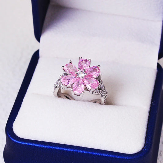 Luckacco 2023 Exquisite Zircon Women's Ring Pink Flowers Lady Engagement Ring Party Jewelry Peach Blossom Ring Fashion Jewelry For Women