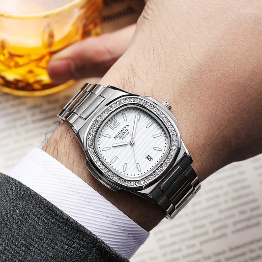 Luckacco 2024 Luxury Fashion Casual Men Watches Big Dial Silver Stainless Steel Calendar Quartz Wristwatch Classic Top Brand Male Clock